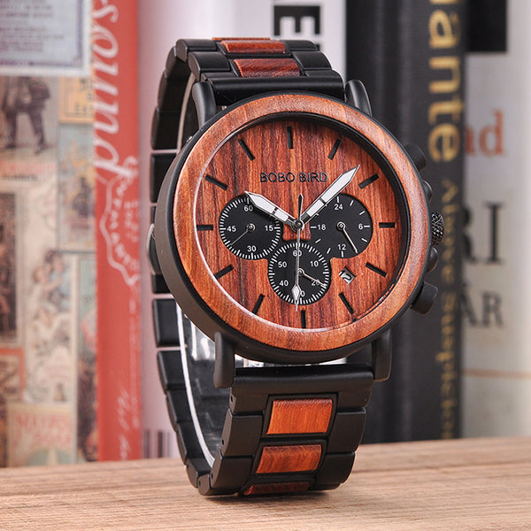 Wood Men Watch Top Brand for Luxury Stylish Watch Wood Stainless Steel Chronograph Military