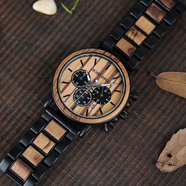 BOBO BIRD Wooden Mens Watches Chronograph & Date Display Stop Water Resistance