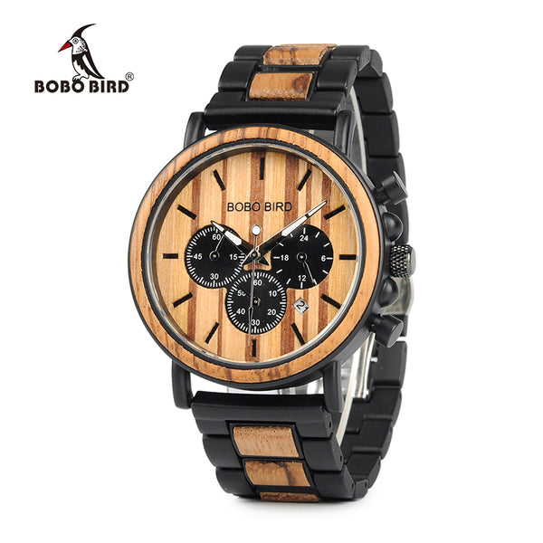 BOBO BIRD Wooden Mens Watches Chronograph & Date Display Stop Water Resistance