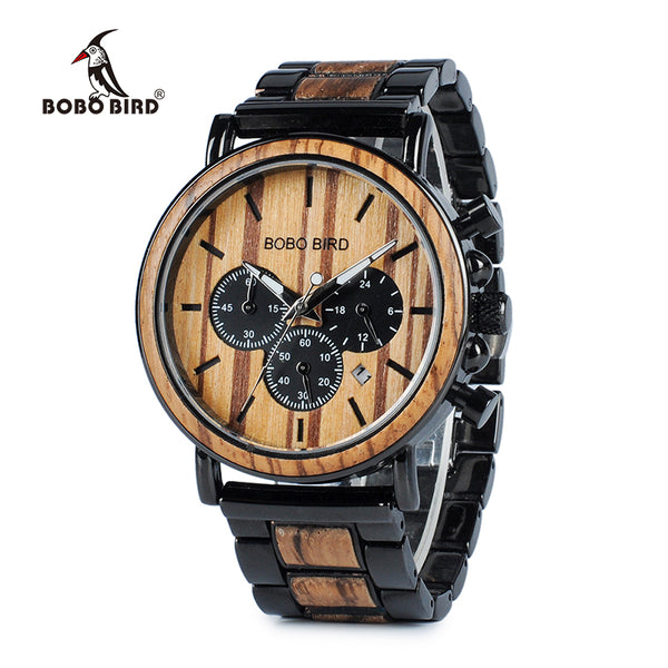 Wood Men Watch Top Brand for Luxury Stylish Watch Wood Stainless Steel Chronograph Military
