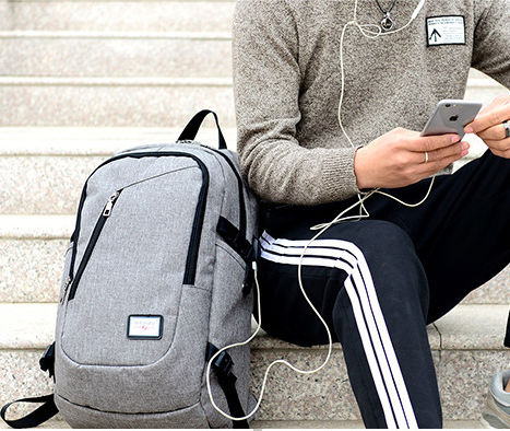 Men Grey Shcool Bag School Backpack USB Battery Charging Backpack