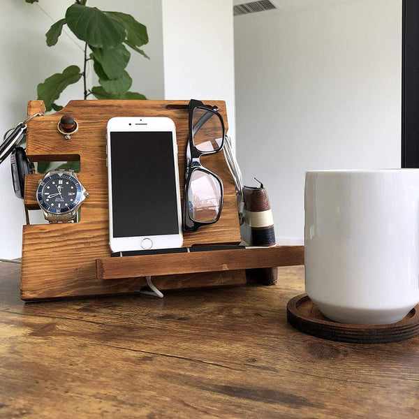 Wooden Docking Station for Men - Nightstand Organizer with Coaster - Charges Phone and Holds Keys, Wallet, Glasses, Ring,