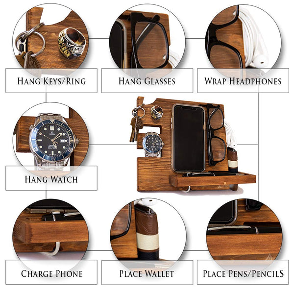 Wooden Docking Station for Men - Nightstand Organizer with Coaster - Charges Phone and Holds Keys, Wallet, Glasses, Ring,