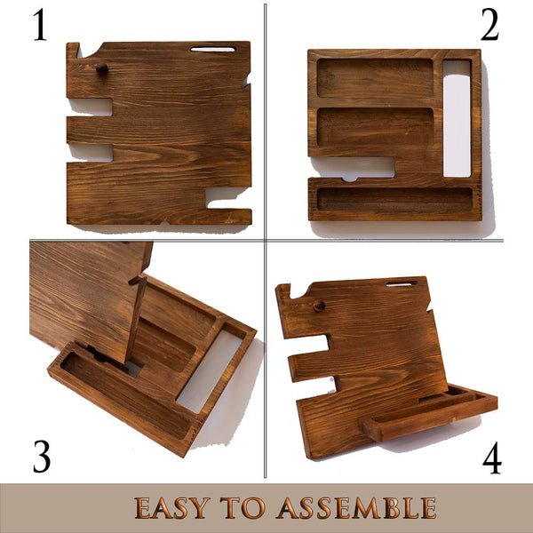 Wooden Docking Station for Men - Nightstand Organizer with Coaster - Charges Phone and Holds Keys, Wallet, Glasses, Ring,