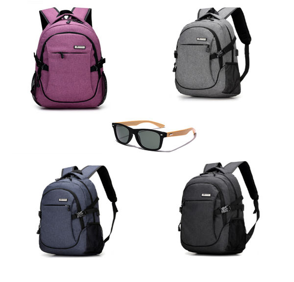 Laptop Backpack with USB Charging Port and Bamboo sunglasses bundle