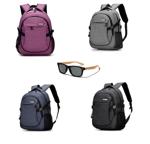 Laptop Backpack with USB Charging Port and Bamboo sunglasses bundle