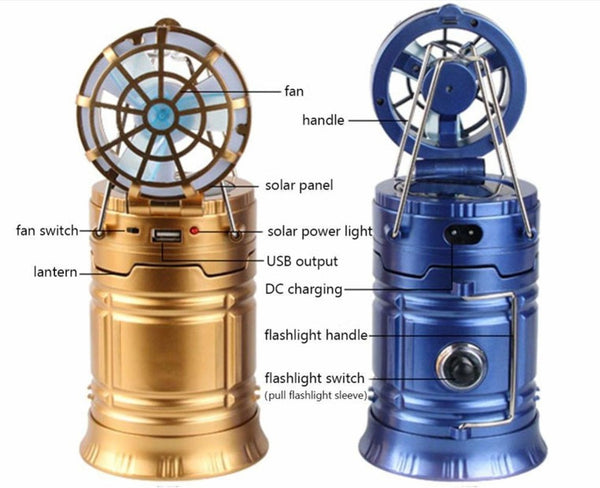 Solar Rechargeable LED Camping Lantern Light with Fan USB Output for Phone