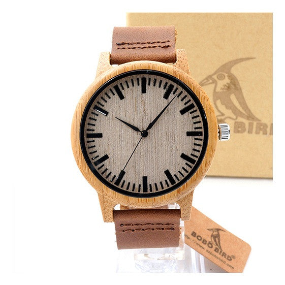 BOBO BIRD Natural Bamboo Watch With Genuine Leather Band + FREE UV Bamboo sunglases Gift