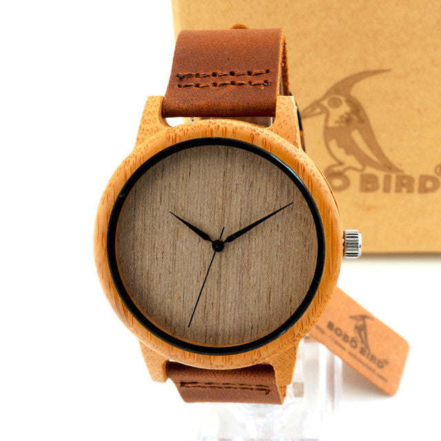 BOBO BIRD Natural Bamboo Watch With Genuine Leather Band + FREE UV Bamboo sunglases Gift