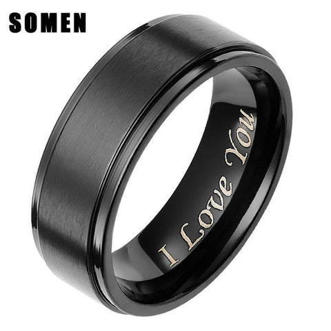 8MM Men's Black Brushed Titanium Ring Engagement Wedding Band Engraved " I Love You" Fashion Promise Jewelry Male Gift