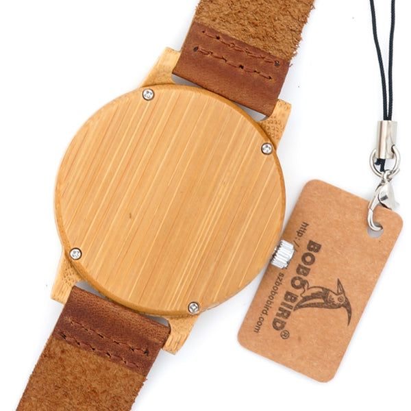 BOBO BIRD Natural Bamboo Watch With Genuine Leather Band + FREE UV Bamboo sunglases Gift