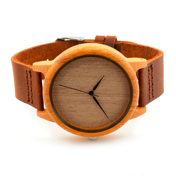 BOBO BIRD Natural Bamboo Watch With Genuine Leather Band + FREE UV Bamboo sunglases Gift