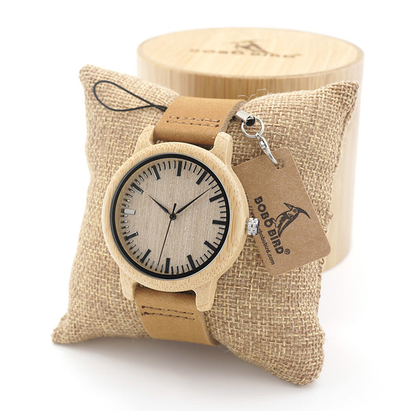 BOBO BIRD Natural Bamboo Watch With Genuine Leather Band + FREE UV Bamboo sunglases Gift