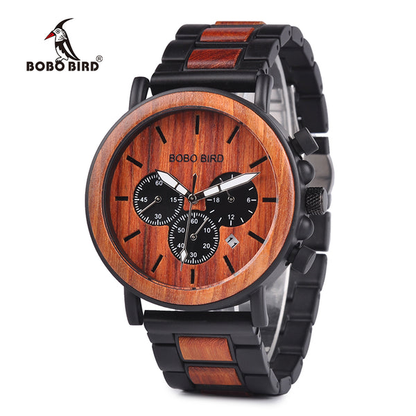 BOBO BIRD Wooden Mens Watches Stylish Wood & Stainless Steel Combined Chronograph Military Quartz Casual Wristwatches